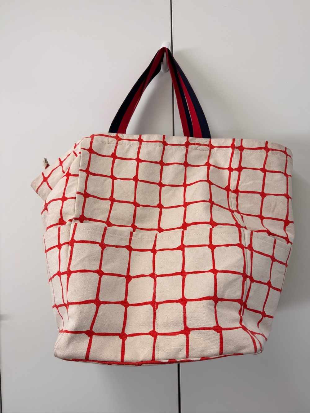 Clare V Red Grid Canvas Tote with Striped Handles